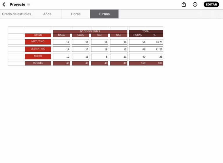 Base de datos en hoja de cálculo en Excel para analizar la información de docentes de una facultad dependiendo de sus turnos.